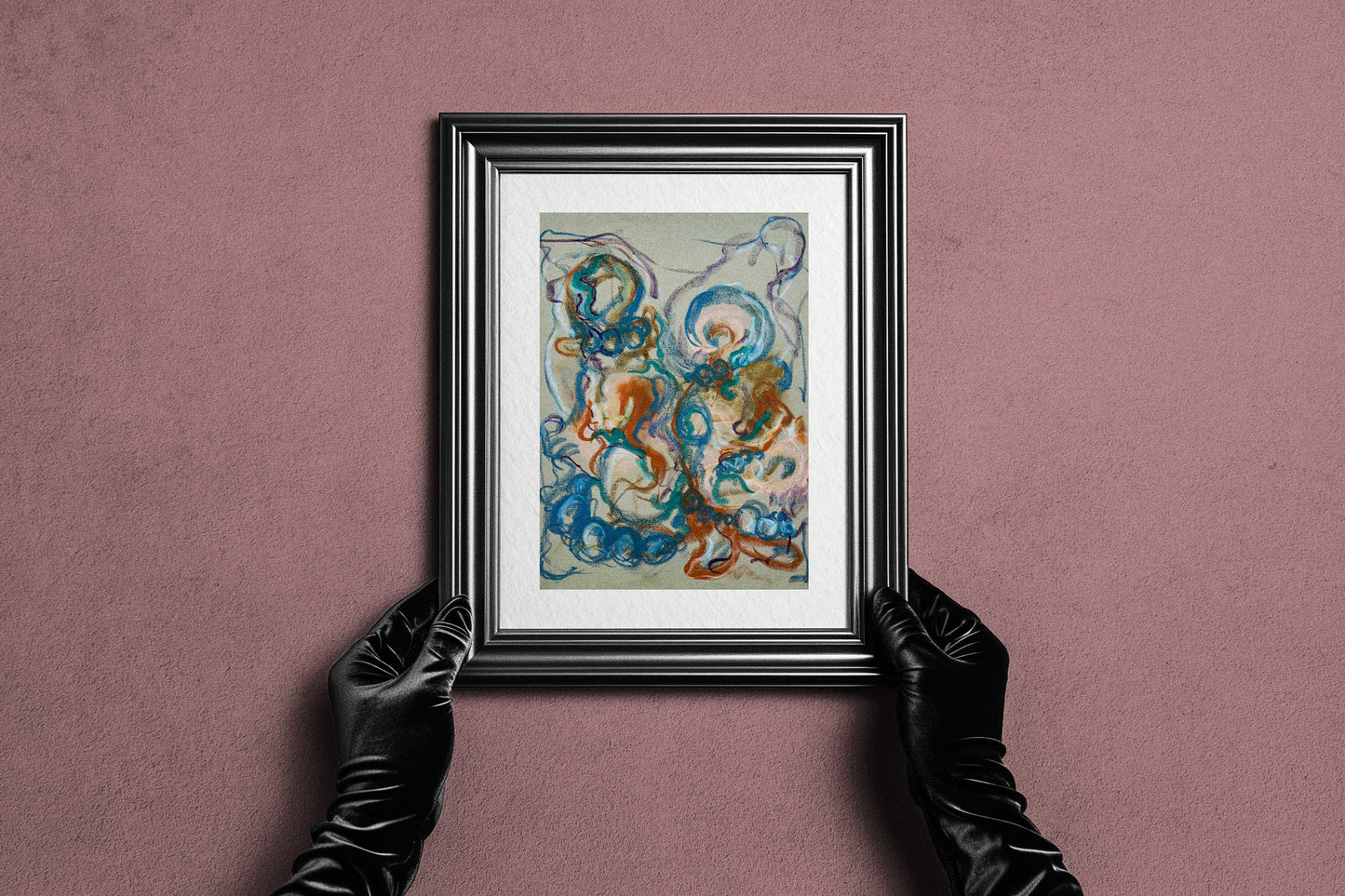 Framed Together in the Garlands fine art print by Bogdan Jensen held by hands, showing the abstract pastel drawing in a dark frame