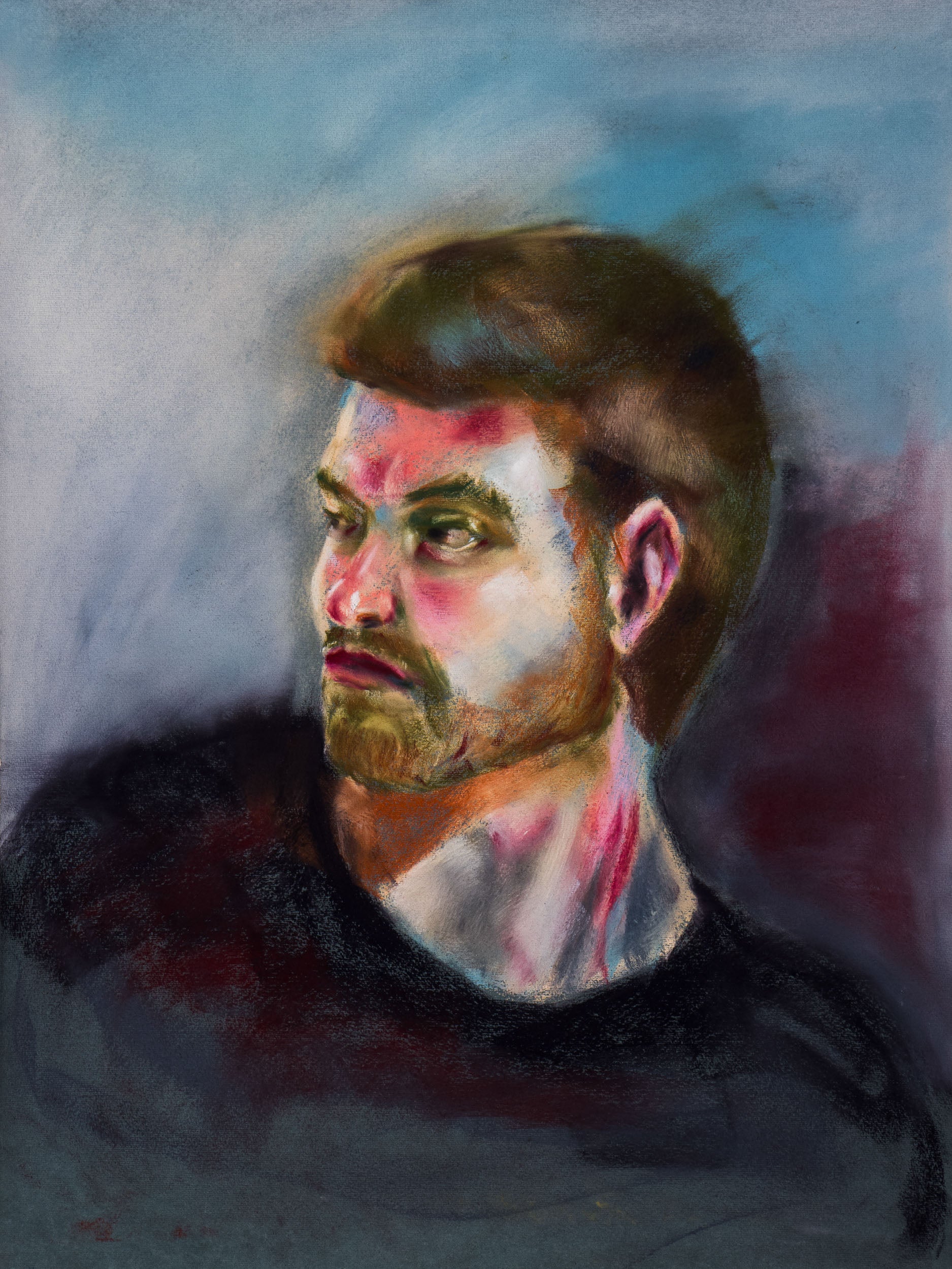 Original pastel portrait of a face with a distant gaze on toned cotton paper, exploring memory, presence, and unresolved narrative.