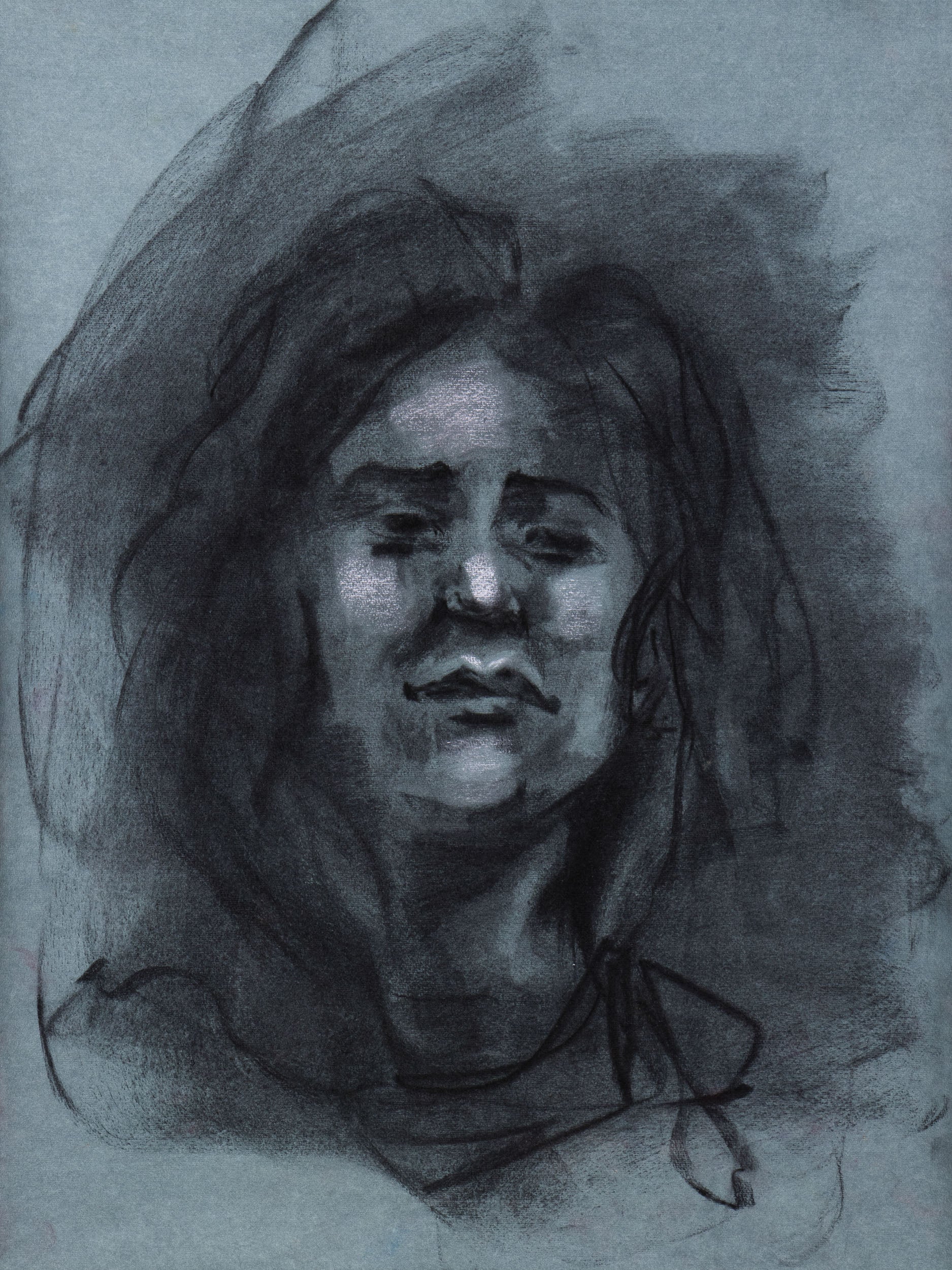 Original charcoal portrait of a face emerging from shadow on toned cotton paper, exploring introspection and quiet tension.