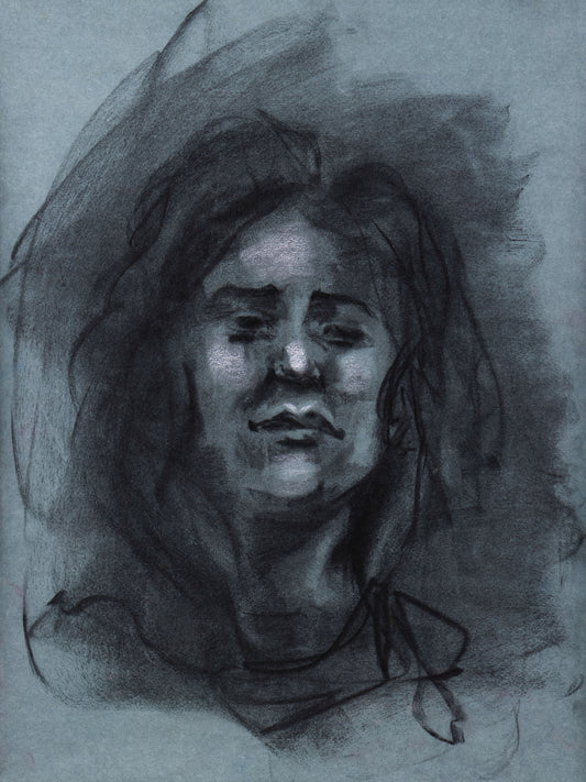 Original charcoal portrait of a face emerging from shadow on toned cotton paper, exploring introspection and quiet tension.