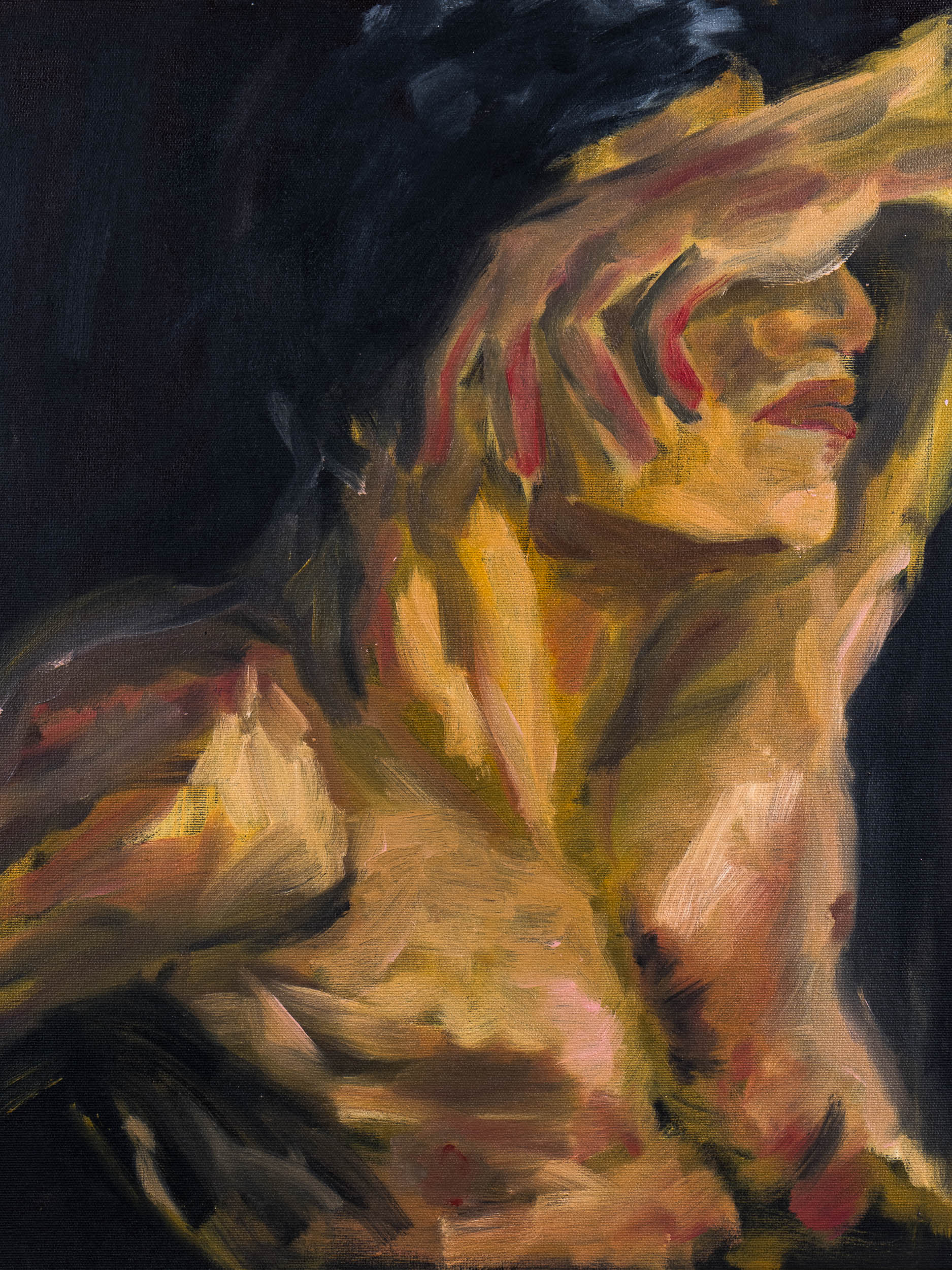 Original oil painting of a figure partly obscured by gestural brushstrokes, exploring exposure, concealment, and unseen emotion.