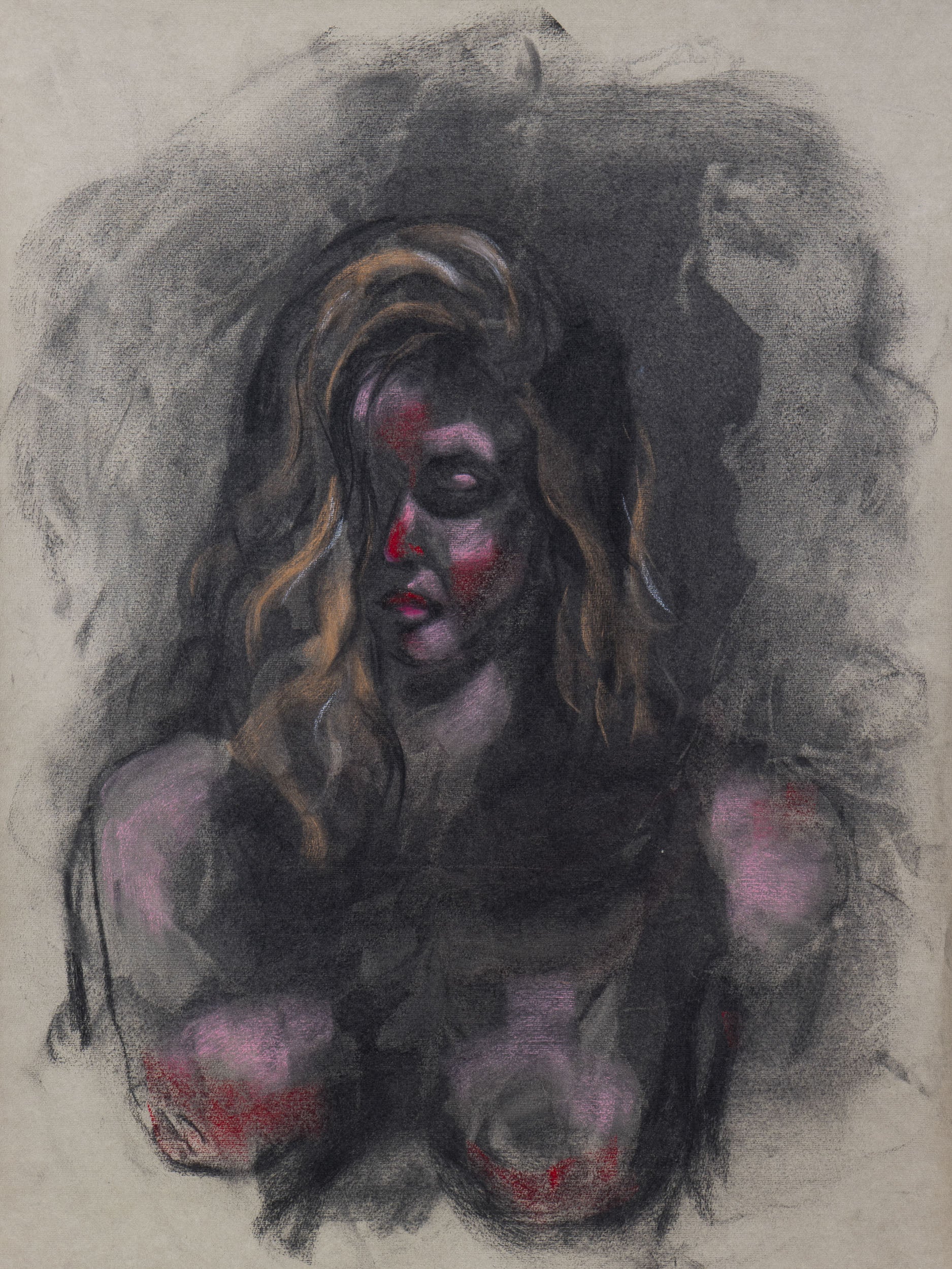 Original charcoal and pastel portrait of a figure emerging from shadow and red light on toned cotton paper.