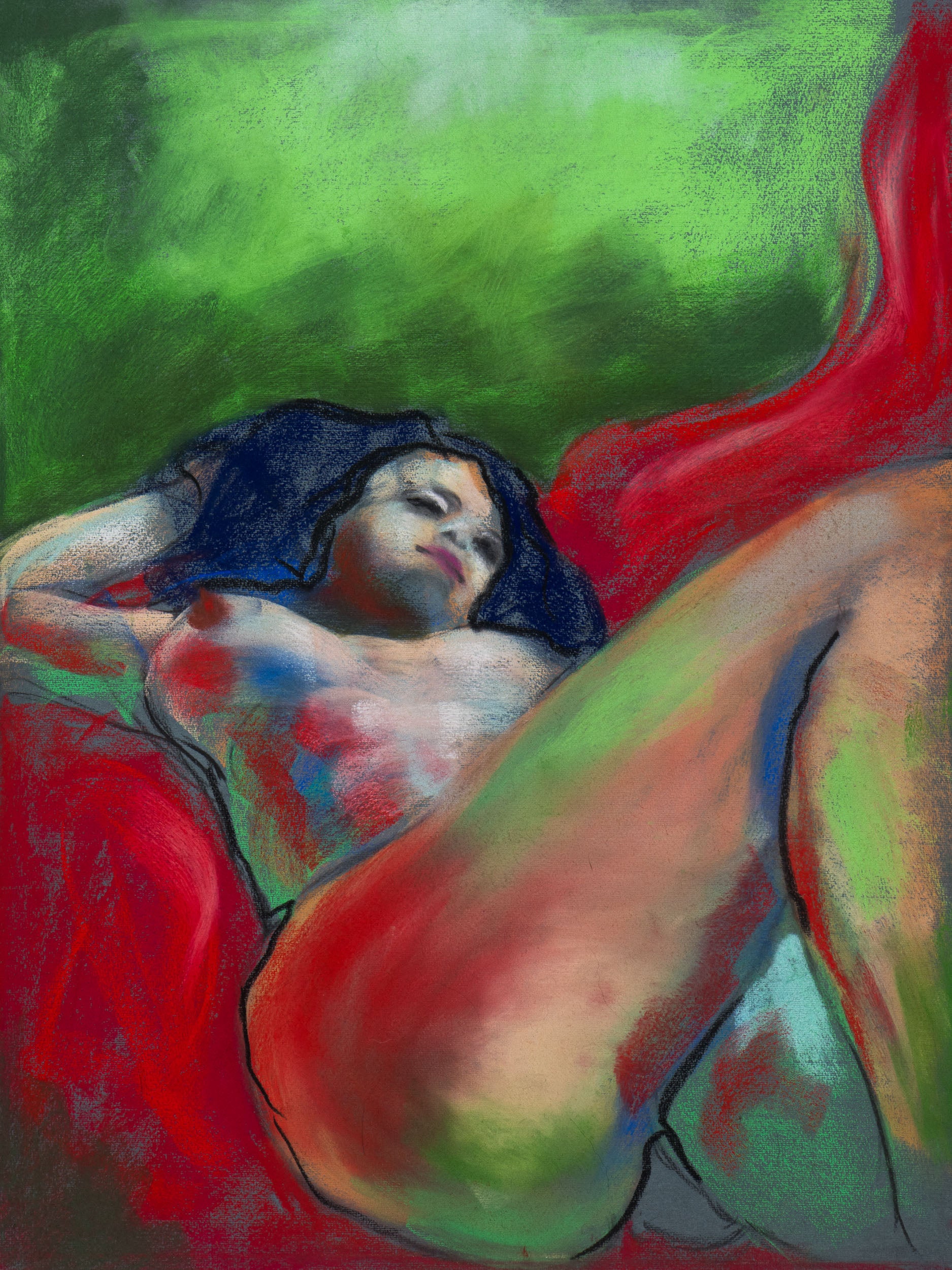 Original pastel drawing of a reclining figure surrounded by lush green and crimson tones, exploring stillness and transformation.