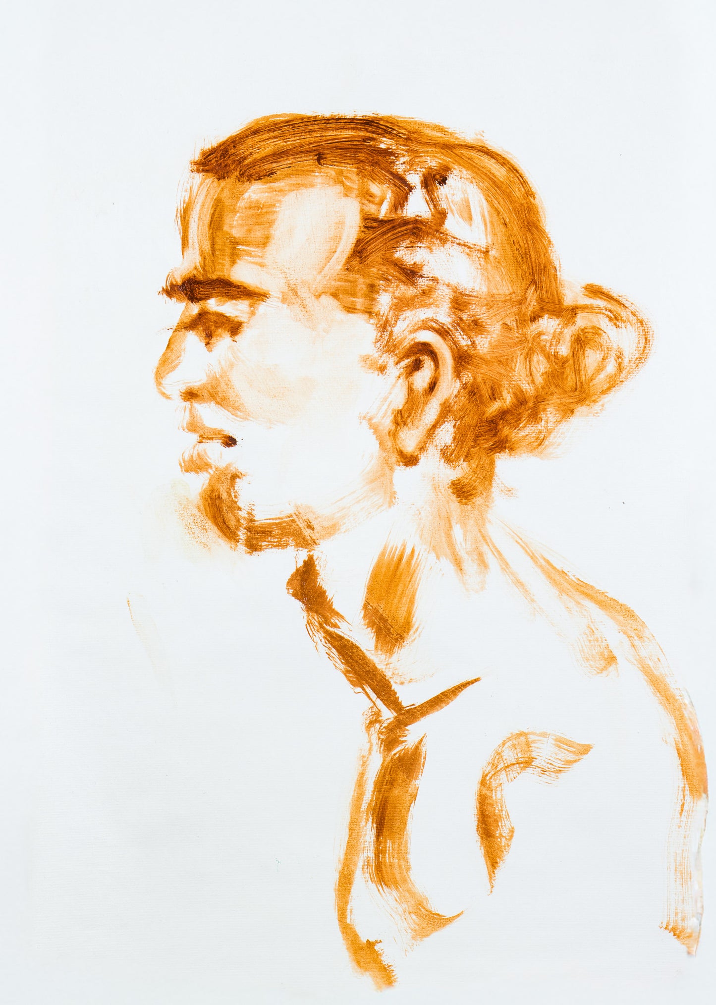 Original oil study of a figure in profile drawn with loose warm ochre marks on handmade cotton paper.