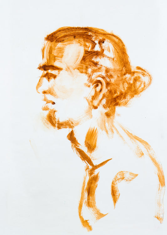 Original oil study of a figure in profile drawn with loose warm ochre marks on handmade cotton paper.