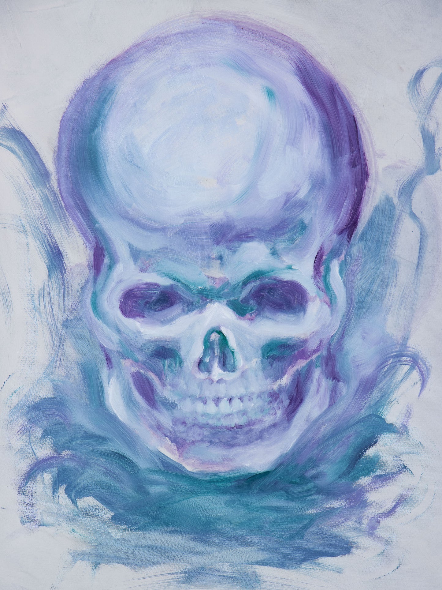 Witness Remains, original oil stick painting of a frontal skull in pale violet, blue and green on a light background.
