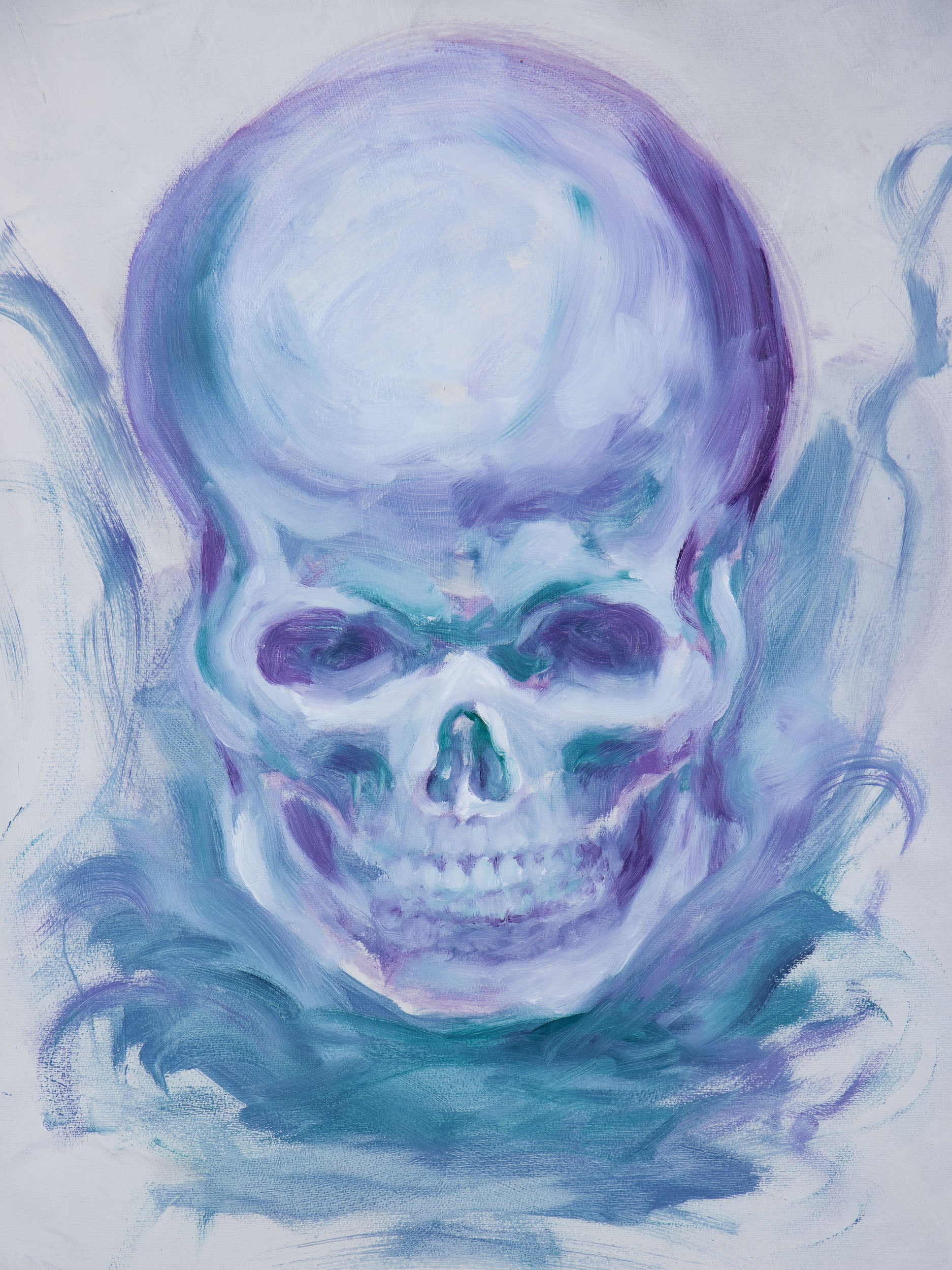 Witness Remains, original oil stick painting of a frontal skull in pale violet, blue and green on a light background.